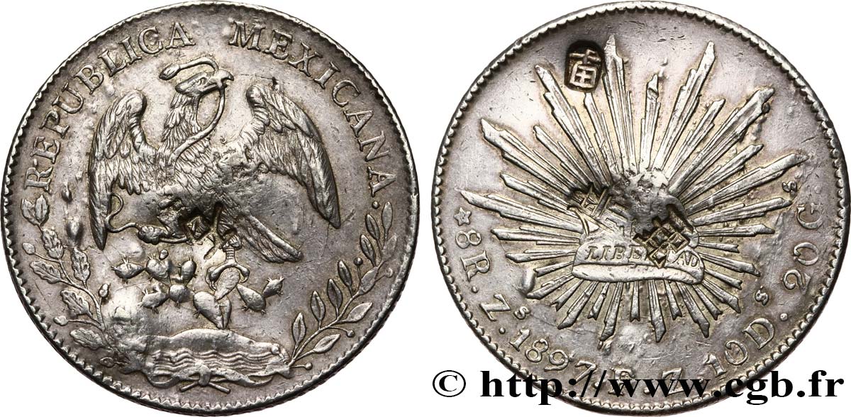 MEXICO 8 Reales avec contremarques 1897 Zacatecas XF 