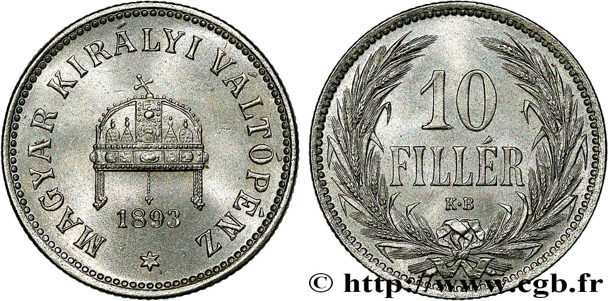 UNGARN 10 Filler couronne 1893 Kremnitz - KB fST 