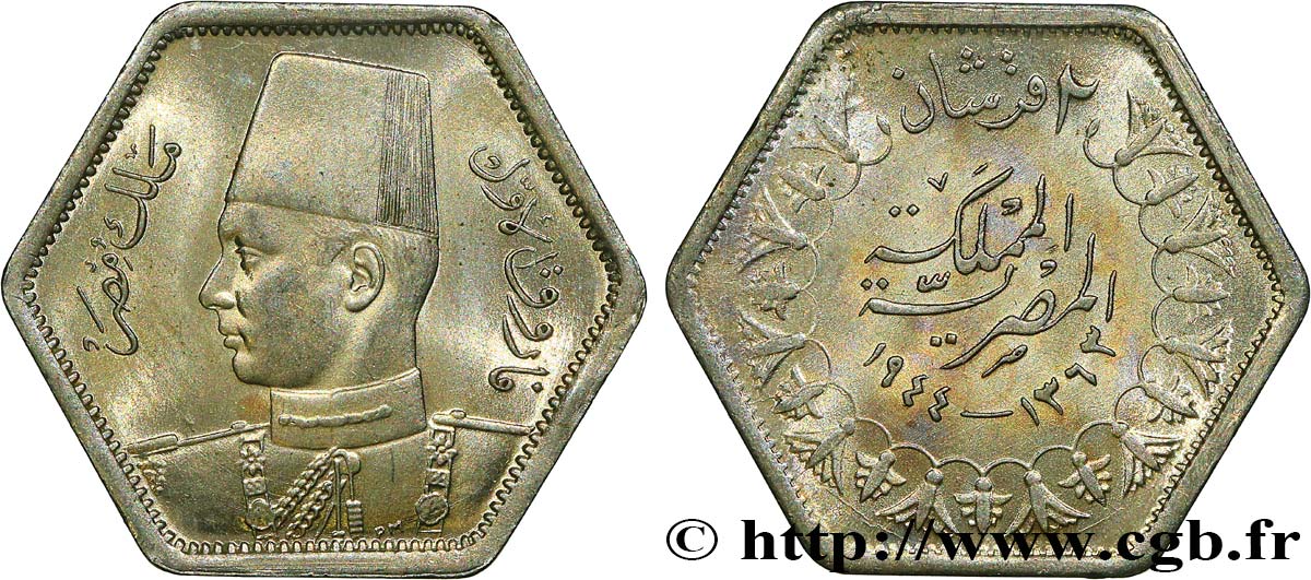 ÉGYPTE 2 Piastres Roi Farouk an AH1363 1944  SUP 
