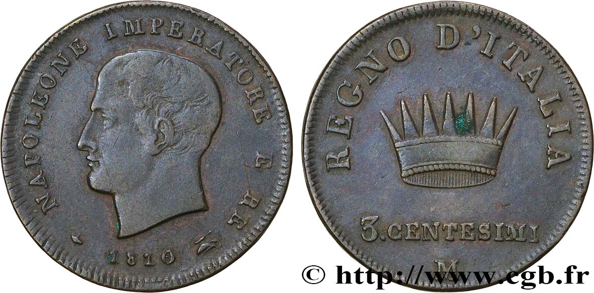 ITALY - KINGDOM OF ITALY - NAPOLEON I 3 Centesimi 1810 /09 1810 Milan XF 