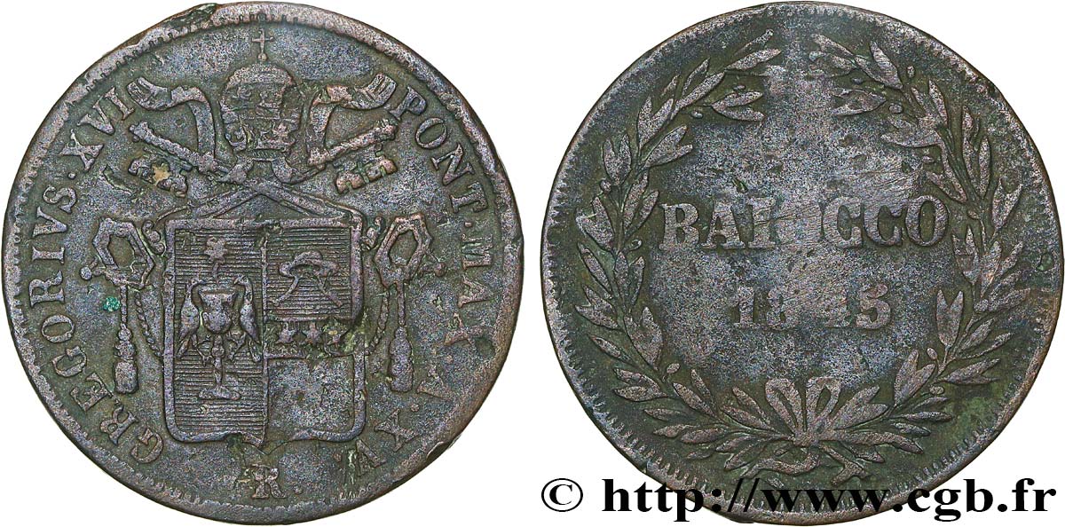 VATICAN ET ÉTATS PONTIFICAUX 1 Baiocco Grégoire XVI an XV 1845 Rome TB+/TB 