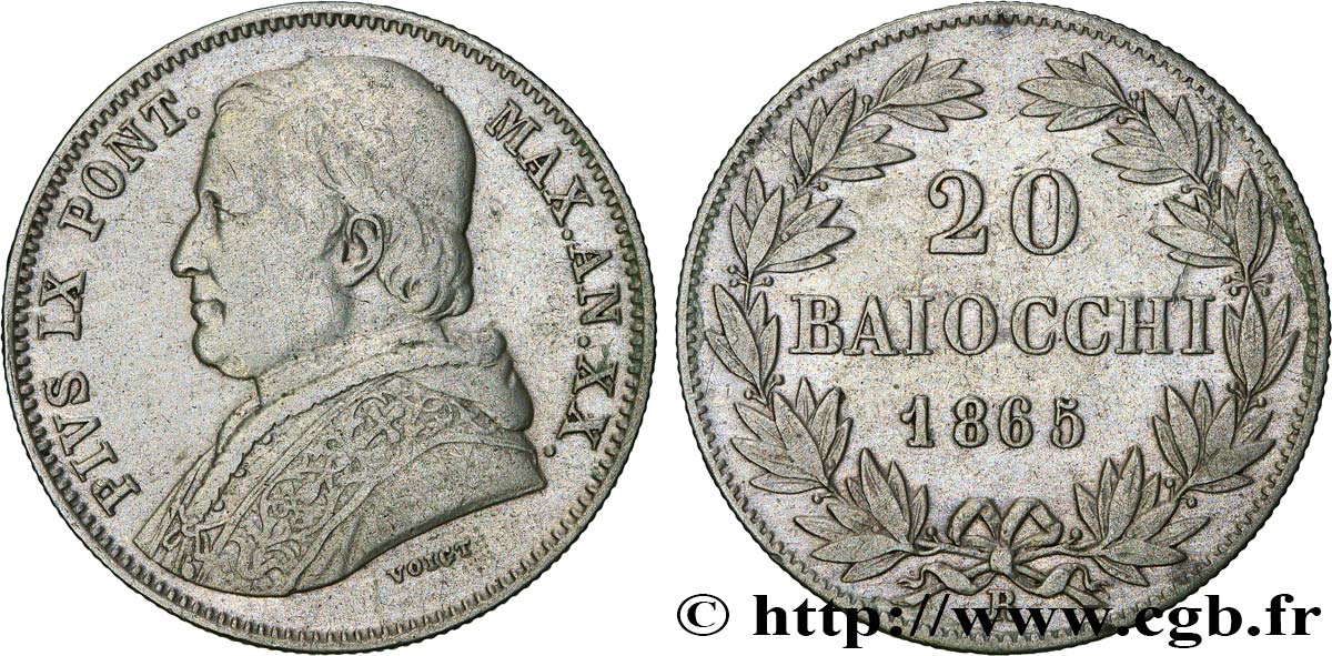 ITALIE - ÉTATS DU PAPE - PIE IX (Jean-Marie Mastai Ferretti) 20 Baiocchi an XX 1865 Rome TTB 