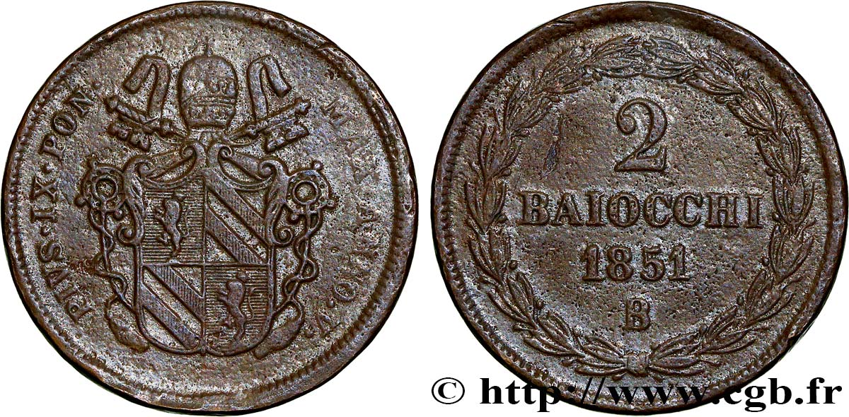 ITALIE - ÉTATS DU PAPE - PIE IX (Jean-Marie Mastai Ferretti) 2 Baiocchi Pie IX an V 1851 Rome TTB 