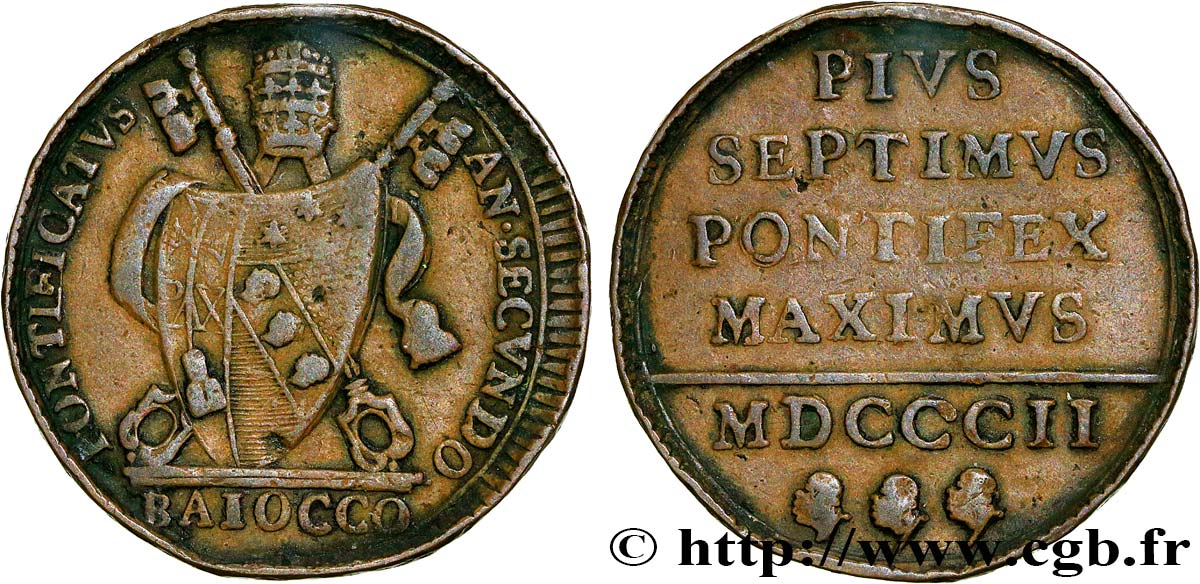 VATICAN AND PAPAL STATES 1 Baiocco Pie VII an II 1802 Rome XF 
