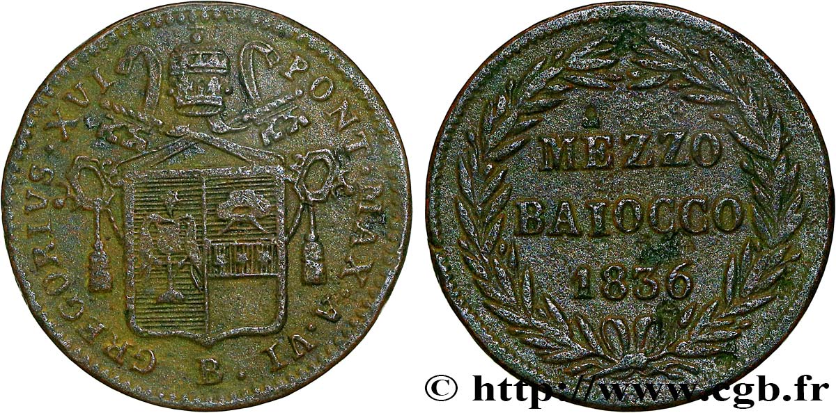 VATICAN ET ÉTATS PONTIFICAUX 1/2 Baiocco au nom de Grégoire XVI an VI 1836 Bologne TTB 