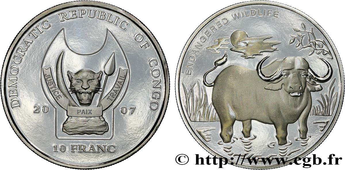 DEMOKRATISCHE REPUBLIK KONGO 10 Franc(s) Proof Espèces en danger : buffle 2007  ST 