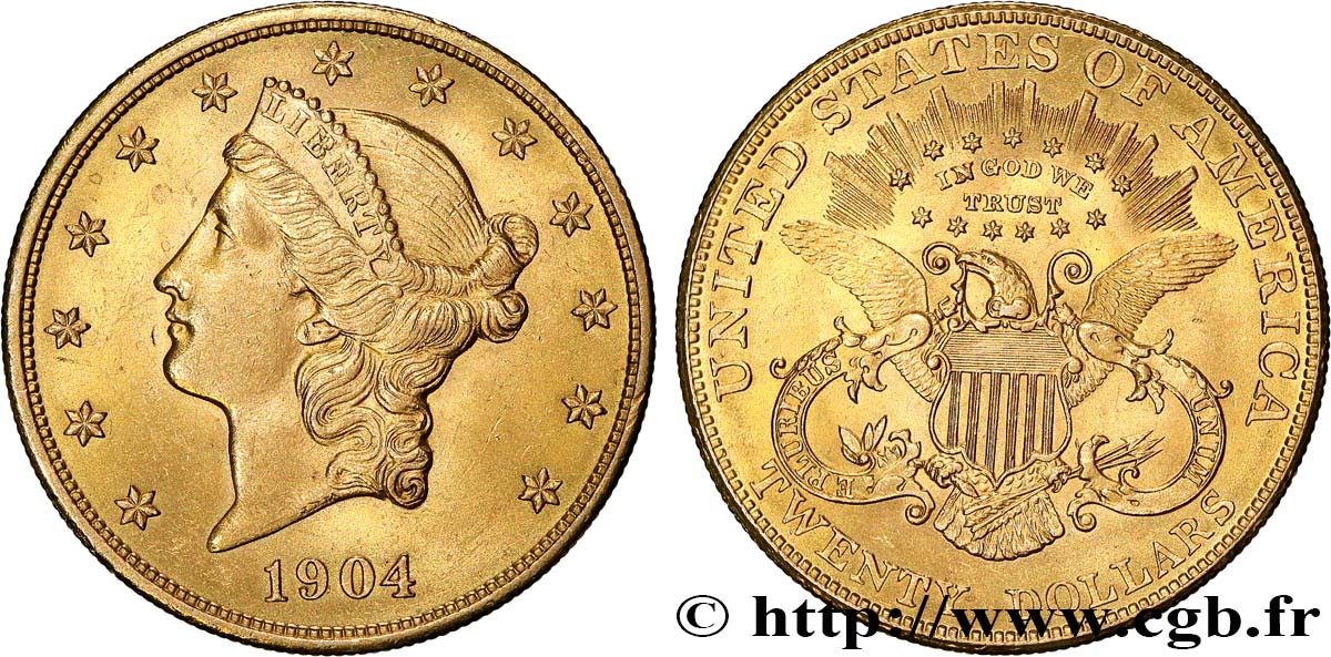 INVESTMENT GOLD 20 Dollars  Liberty  1904 Philadelphie AU 