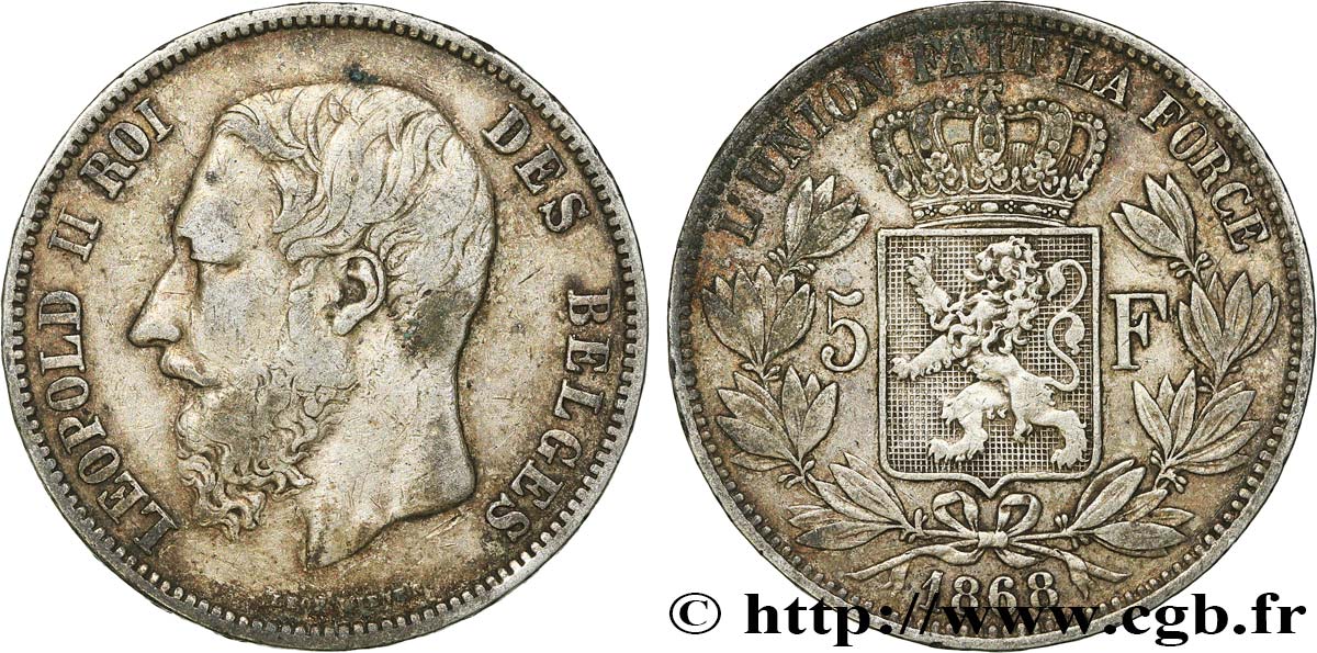 BELGIQUE 5 Francs Léopold II 1868  TB+ 