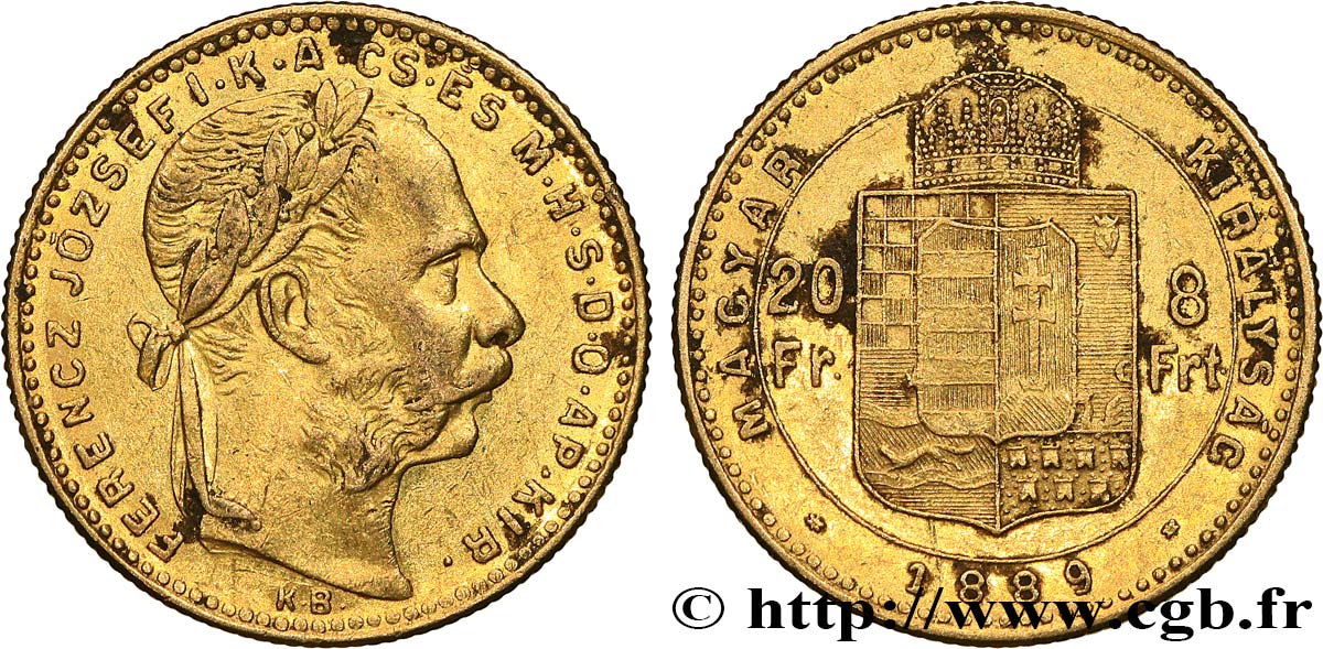 HUNGARY 20 Francs or ou 8 Forint François-Joseph Ier 1889 Kremnitz XF 