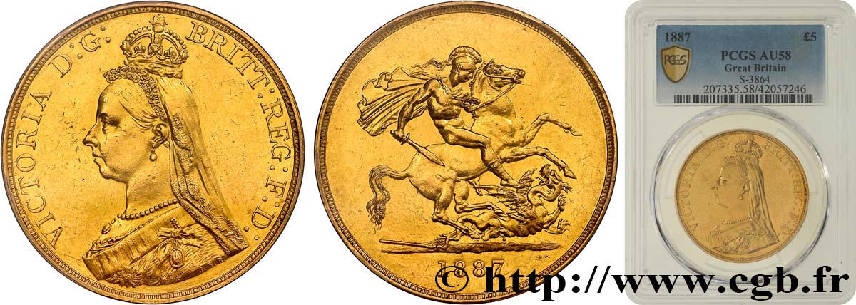 GRAN BRETAÑA - VICTORIA 5 Pounds (cinq souverains) 1887 Londres EBC58 PCGS