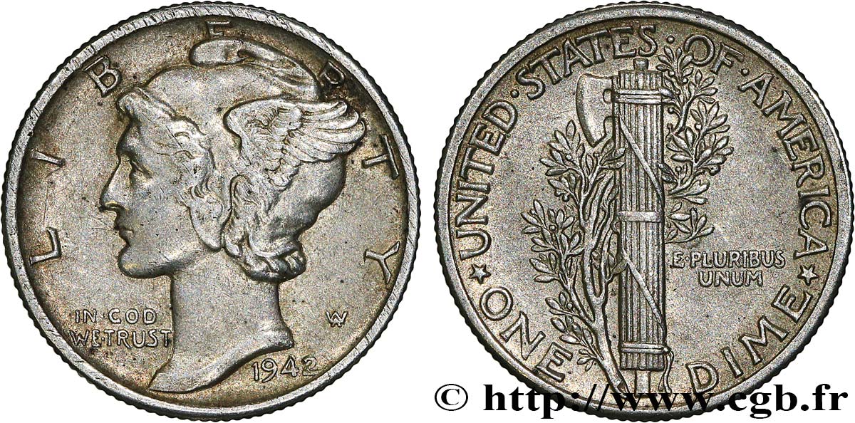 UNITED STATES OF AMERICA 1 Dime Mercury 1942 Philadelphie AU 