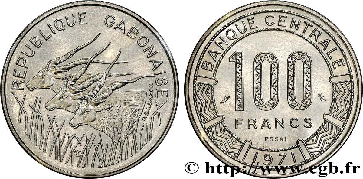 GABóN Essai de 100 Francs antilopes type “Banque Centrale” 1971 Paris FDC 