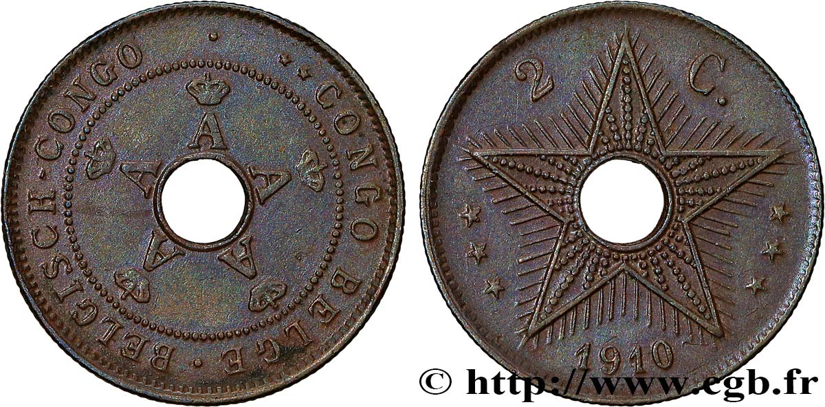 BELGISCH-KONGO 2 Centimes 1910  VZ 
