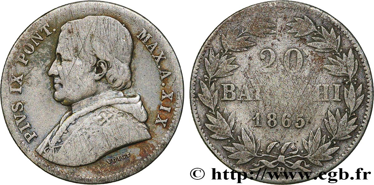 VATICAN ET ÉTATS PONTIFICAUX 20 Baiocchi Pie IX an XIX 1865 Rome TB+ 