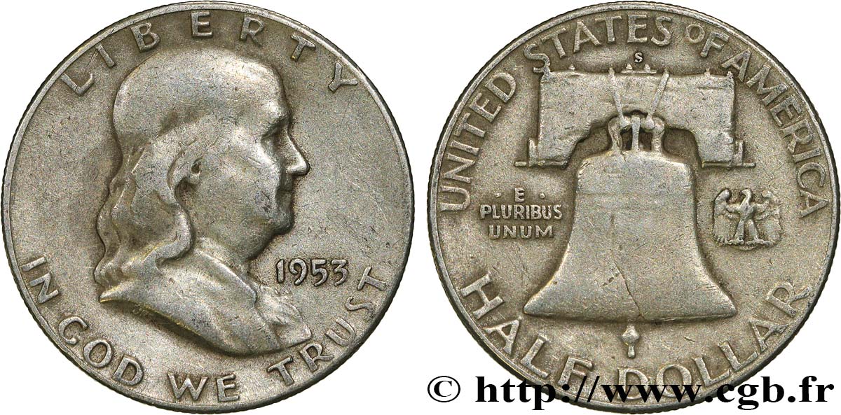 ESTADOS UNIDOS DE AMÉRICA 1/2 Dollar Benjamin Franklin 1953 San Francisco - S BC+ 