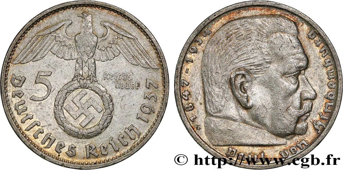 GERMANIA 5 Reichsmark Maréchal Paul von Hindenburg 1937 Karlsruhe BB 