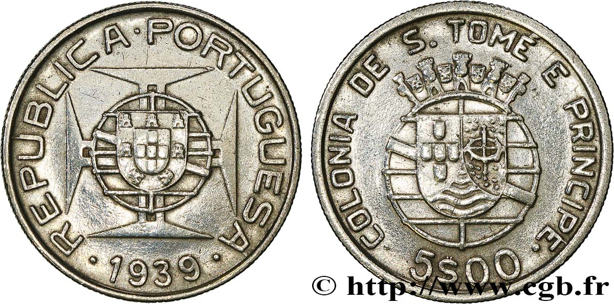 SAINT THOMAS et PRINCE 5 Escudos colonie portugaise 1939  TTB 