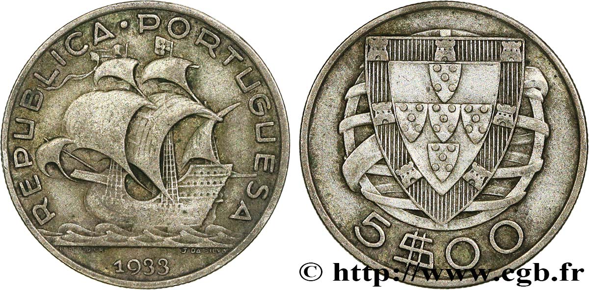 PORTUGAL 5 Escudos emblème 1933  TTB 