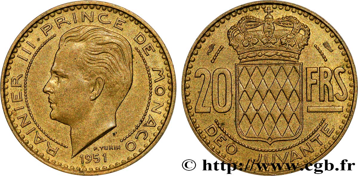 MONACO 20 Francs Rainier III 1951 Paris AU 