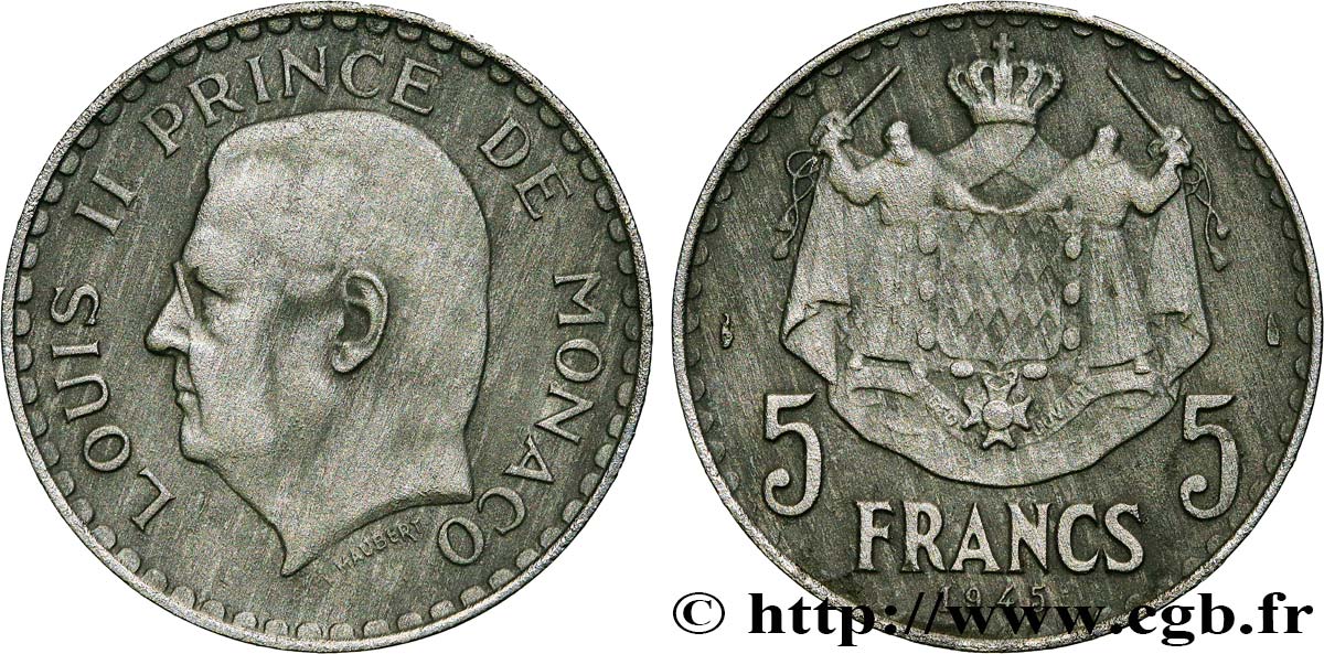 MONACO 5 Francs Louis II 1945 Paris VF 