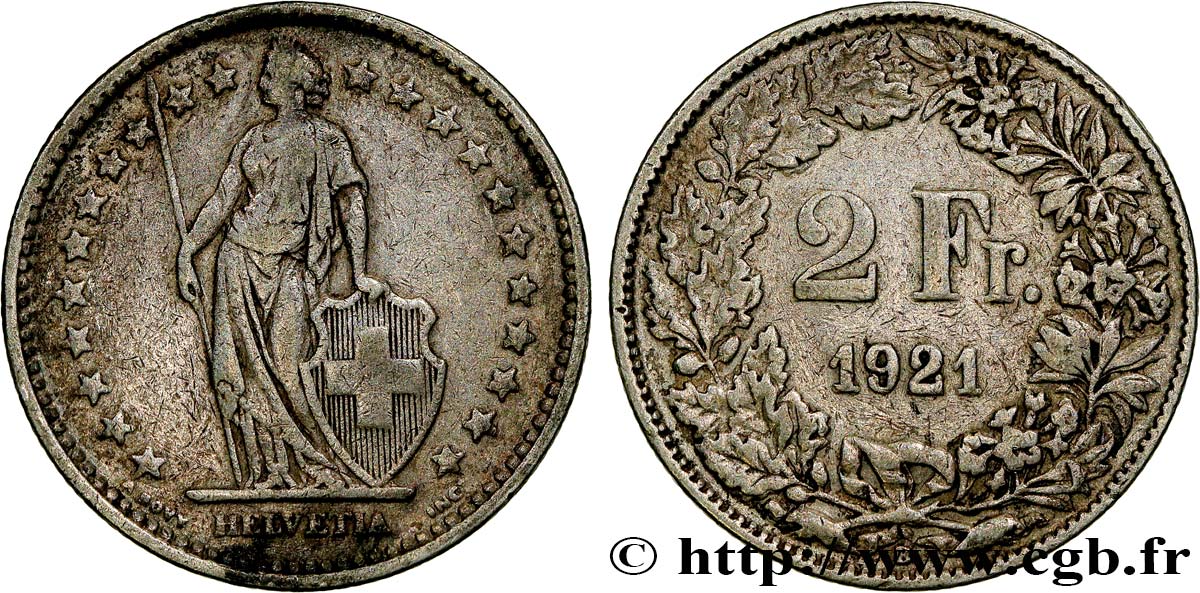 SUIZA 2 Francs Helvetia 1921 Berne BC+ 