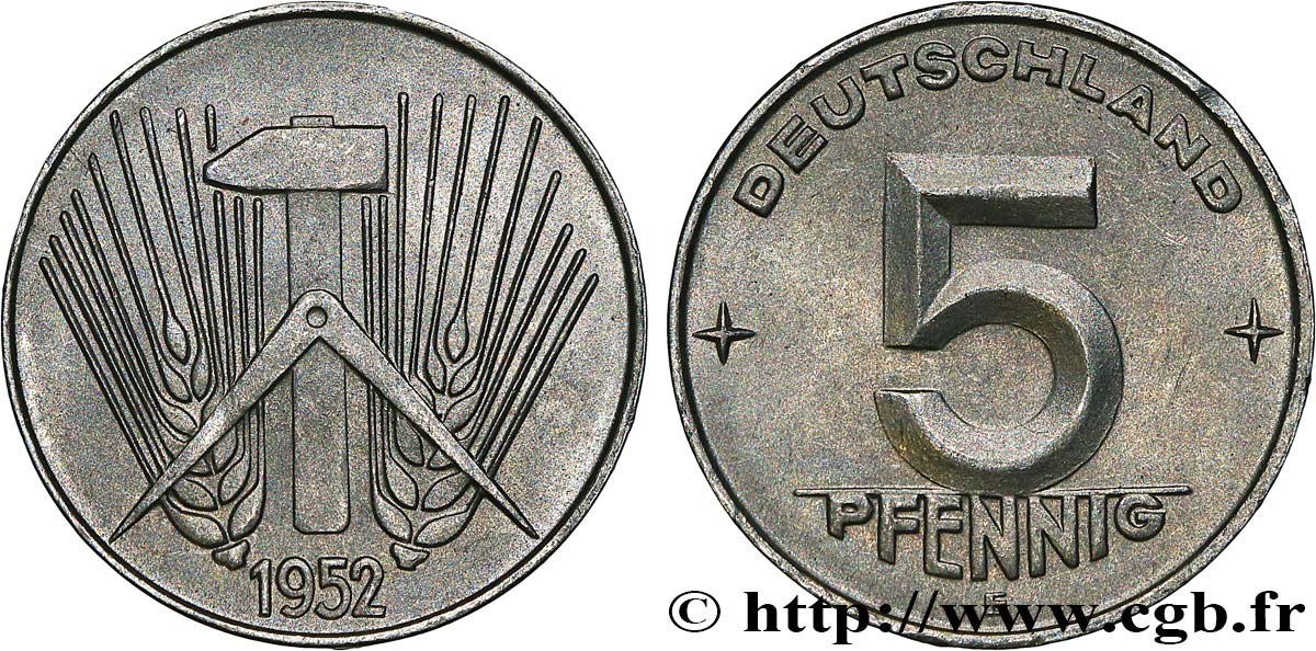 ALLEMAGNE RÉPUBLIQUE DÉMOCRATIQUE 5 Pfennig épis, marteaux et compas type Deutschland 1952 Berlin SPL 