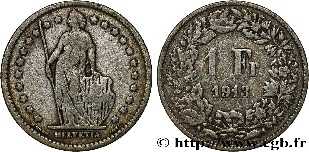 SUIZA 1 Franc Helvetia 1913 Berne BC+ 