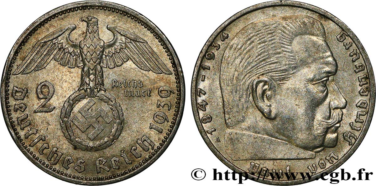 DEUTSCHLAND 2 Reichsmark Maréchal Paul von Hindenburg 1939 Berlin fVZ 