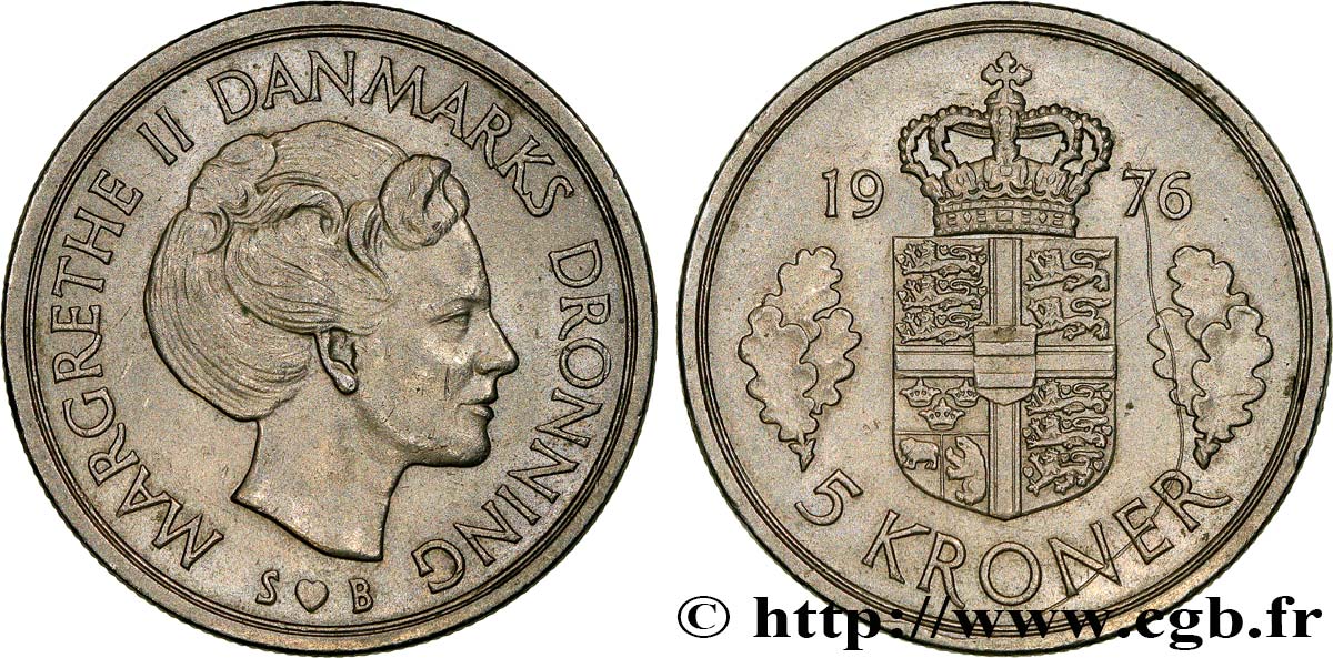 DANEMARK 5 Kroner Margrethe II 1976 Copenhague SUP 