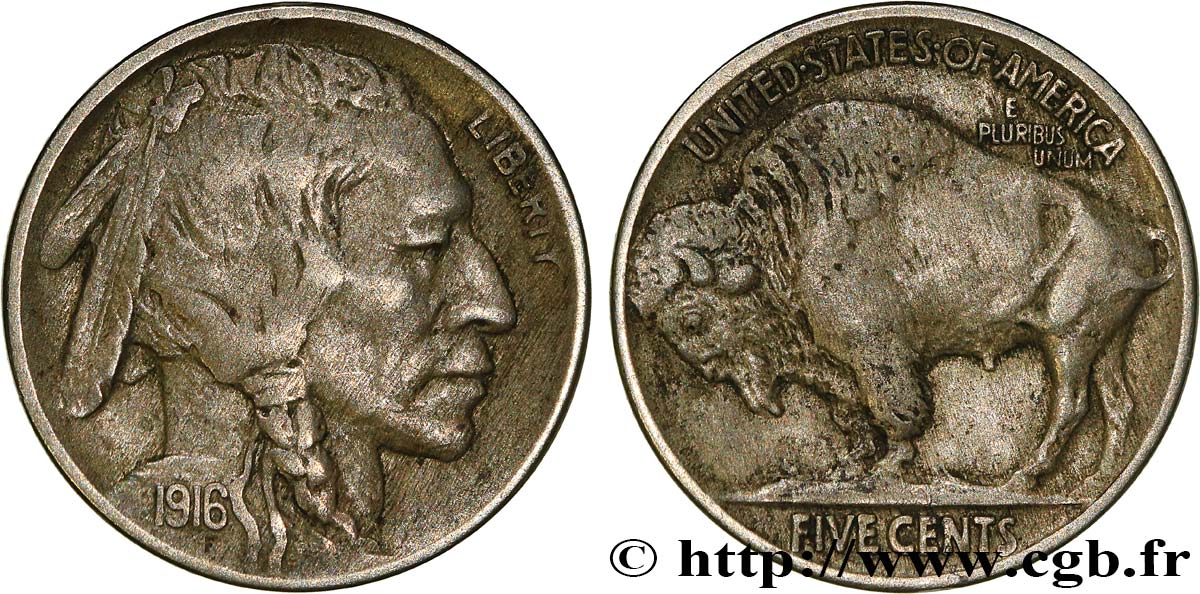ÉTATS-UNIS D&nbsp;AMÉRIQUE 5 Cents Tête d’indien ou Buffalo 1916 Philadelphie TTB 