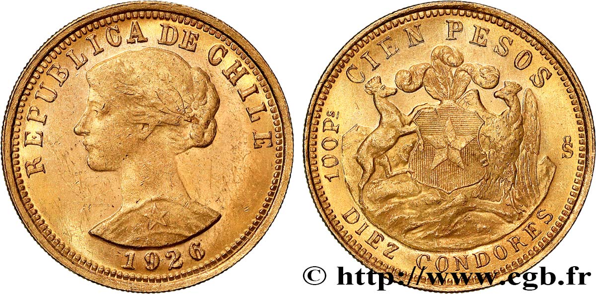 CHILE
 100 Pesos or ou 10 Condores en or, 1er type 1926 Santiago MBC+ 
