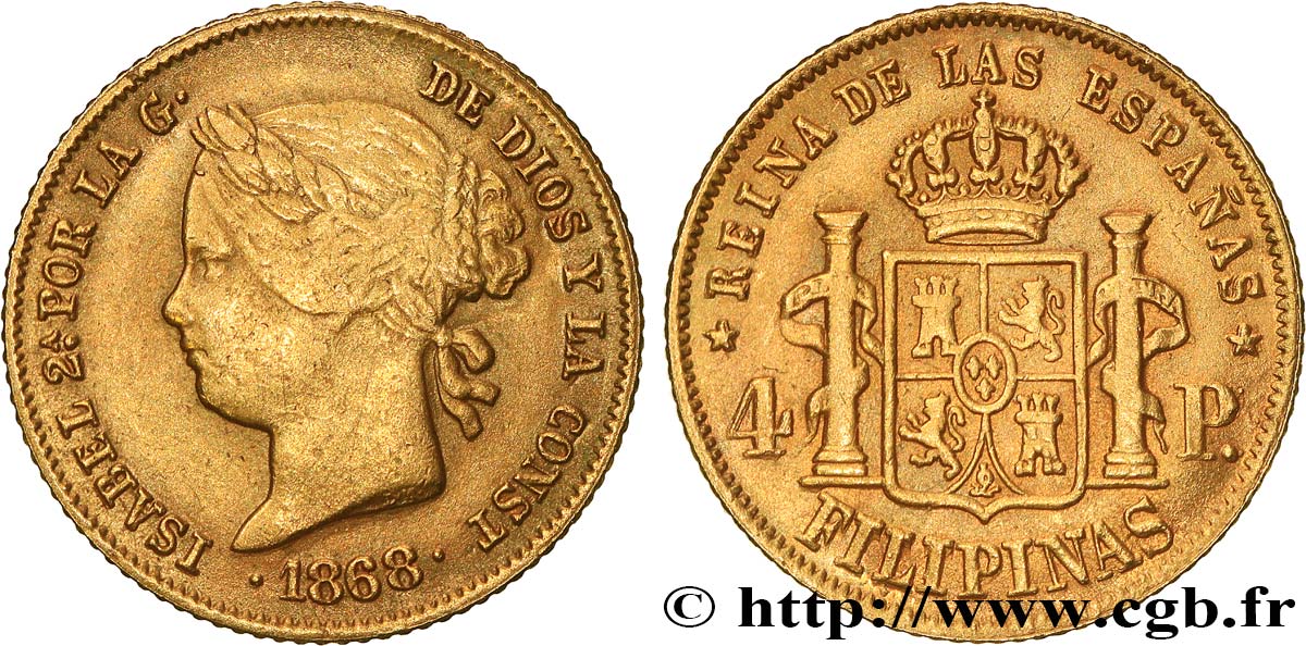 PHILIPPINES 4 Pesos Isabelle II 1868  TTB 