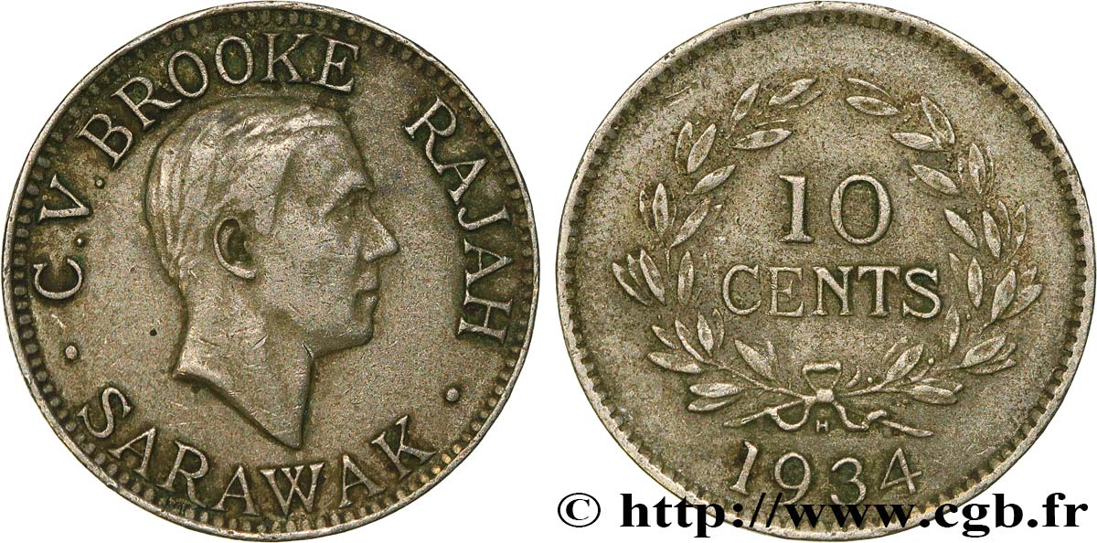 SARAWAK 10 Cents Sarawak Rajah C.V. Brooke 1934 Heaton - H SS 