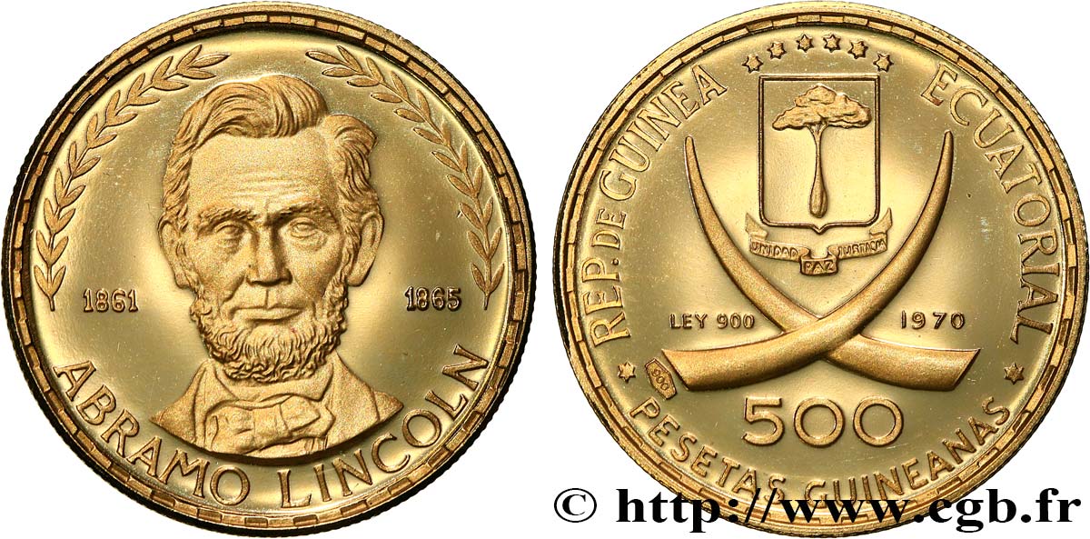 GUINEA EQUATORIALE 500 Pesetas Proof Abraham Lincoln 1970  BE 