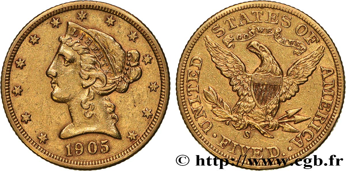 ÉTATS-UNIS D AMÉRIQUE 5 Dollars  Liberty  1905 San Francisco TTB 