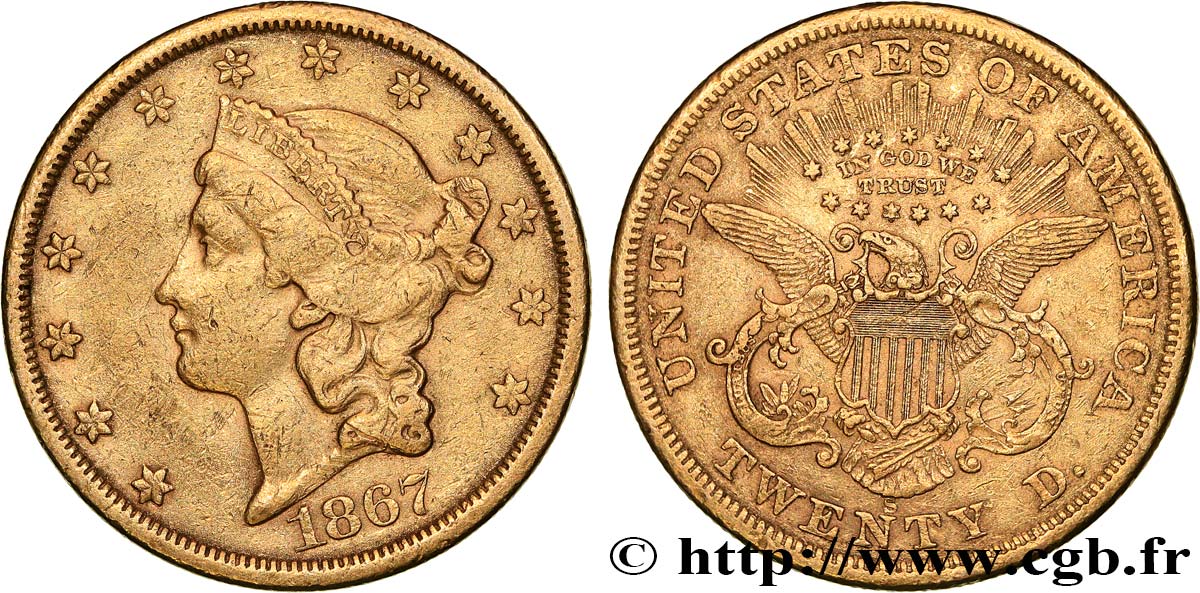UNITED STATES OF AMERICA 20 Dollars  Liberty  1867 San Francisco XF 