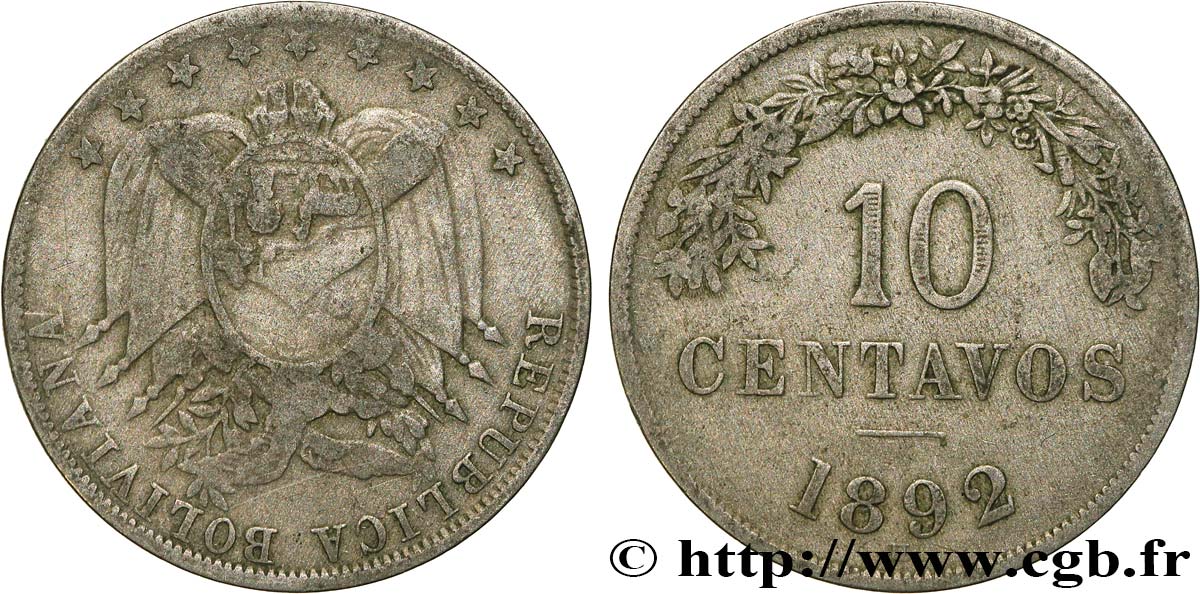 BOLIVIA 10 Centavos 1892 Heaton BC 