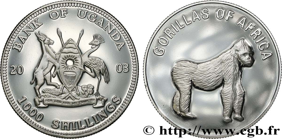 UGANDA 1000 Shillings Proof série Gorilles d’Afrique : emblème / gorille debout 2003  MS 