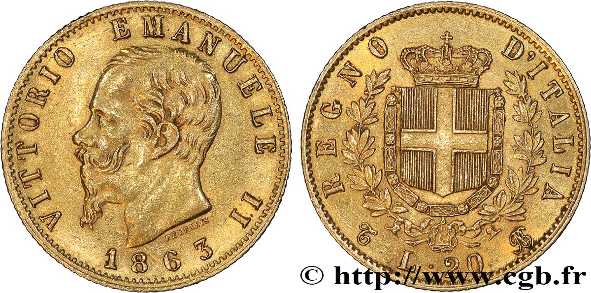OR, PALLADIUM ET PLATINE INVESTISSEMENT 20 Lire Victor Emmanuel II 1863 Turin TTB 