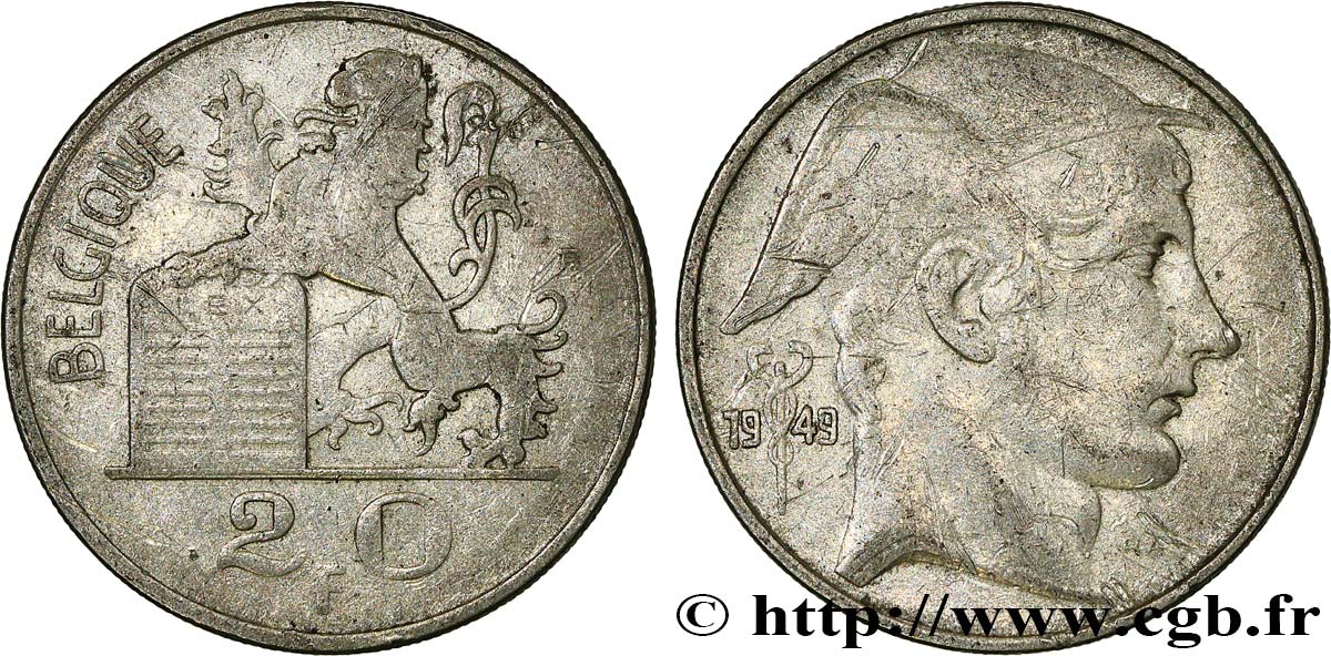 BELGIQUE 20 Francs Mercure, légende française 1949  TB+ 