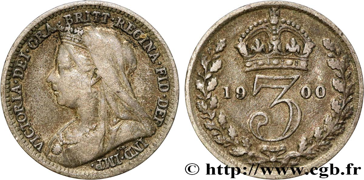ROYAUME-UNI 3 Pence Victoria buste au voile 1900  TB+ 