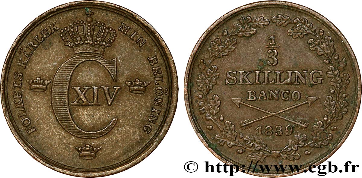 SUÈDE 1/3 Skilling Charles XIV 1839  SUP 