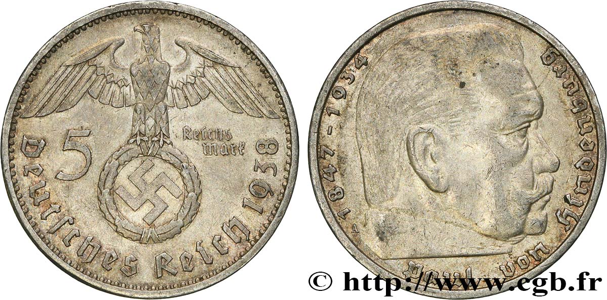 ALLEMAGNE 5 Reichsmark Maréchal Paul von Hindenburg 1938 Berlin TTB 
