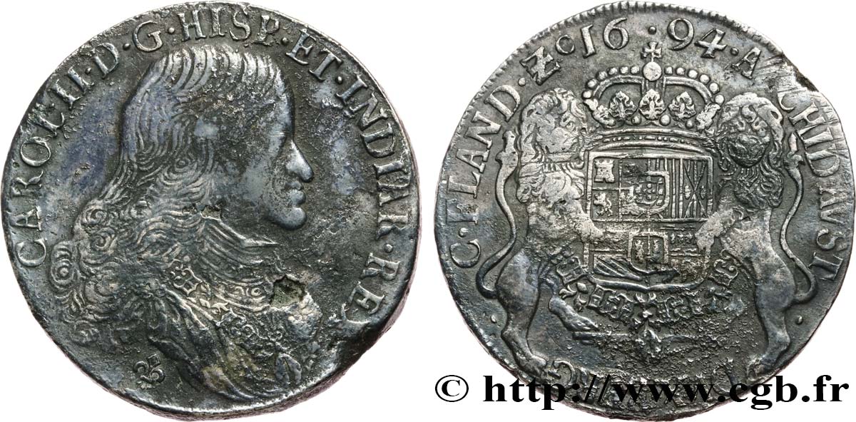 SPANISH NETHERLANDS - COUNTY OF FLANDERS - CHARLES II OF SPAIN Ducaton 1694 Bruges VF 
