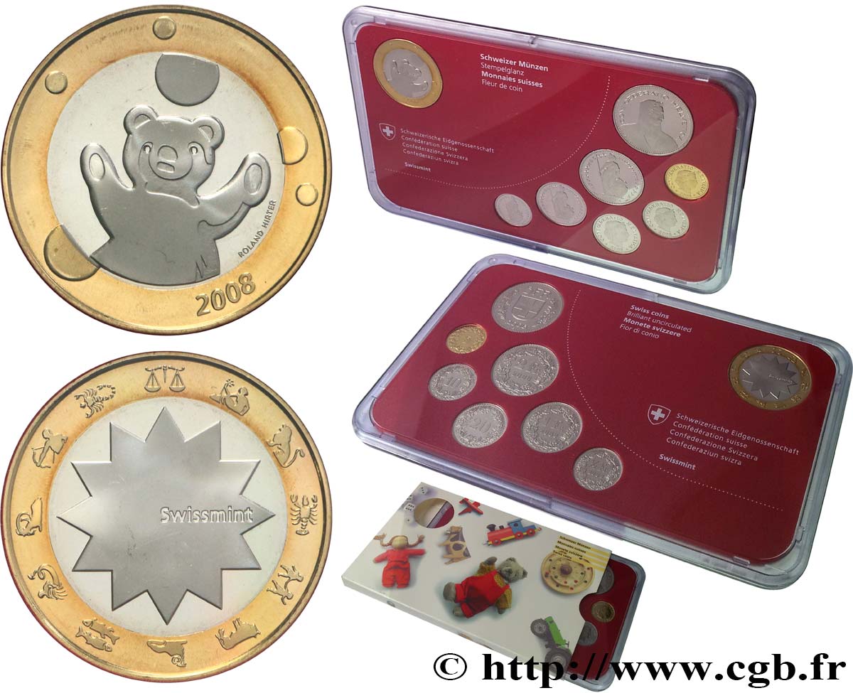 SWITZERLAND Série FDC 7 Monnaies + 1 médaille 2008  MS 