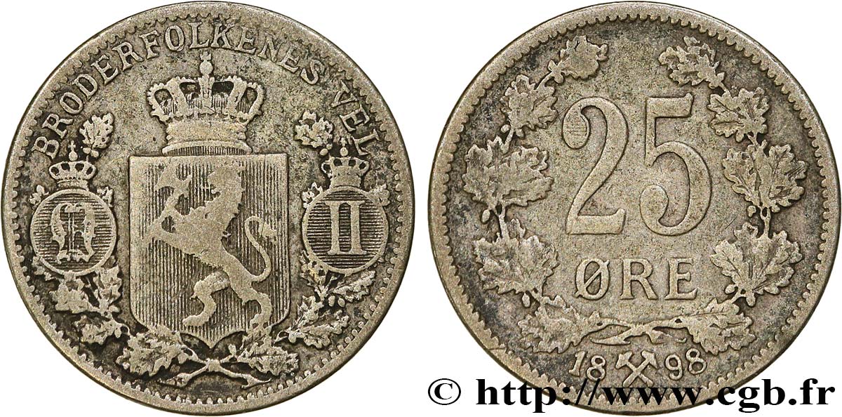 NORWAY 25 Ore oscar II 1898  VF 