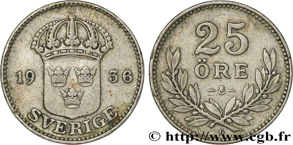 SWEDEN 25 Ore Gustave V 1936  XF 