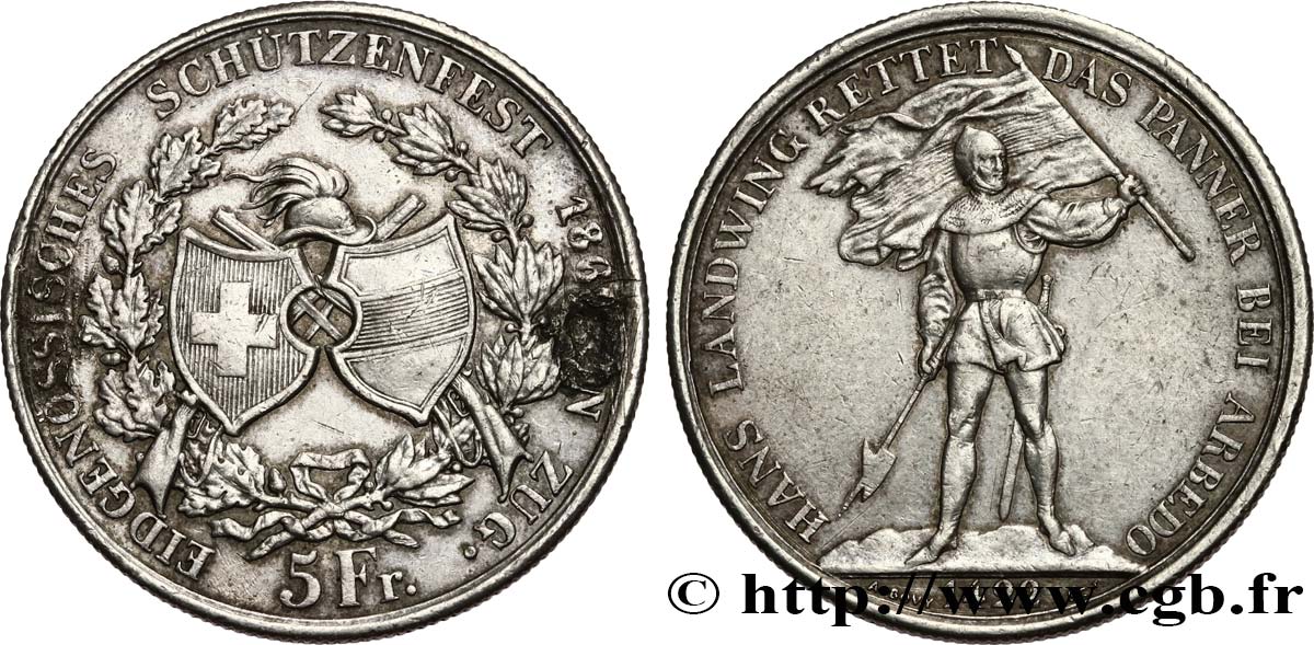 SUISSE 5 Francs, monnaie de Tir, Zoug 1869  TTB 