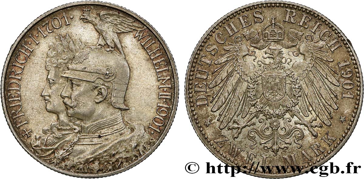ALLEMAGNE - PRUSSE 2 Mark Guillaume II 200e anniversaire de la Prusse 1901 Berlin SUP 