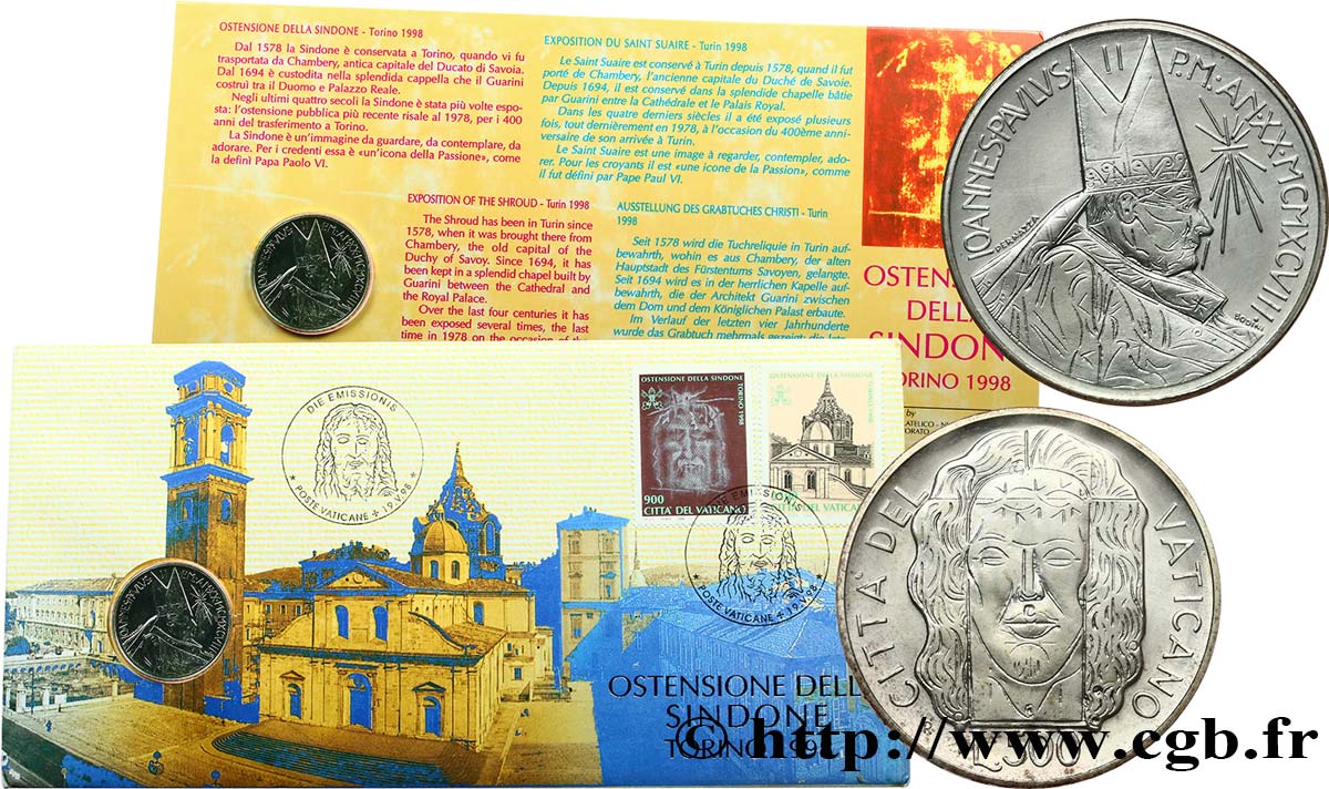 VATICANO Y ESTADOS PONTIFICIOS Enveloppe Philatélique-Numismatique 500 Lire Ostention du Saint Suaire 1998 Rome FDC 